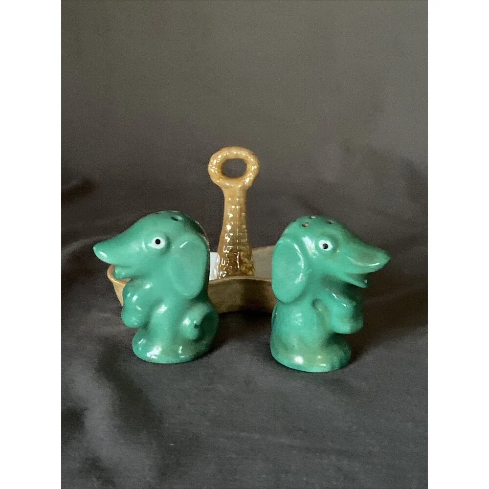 Vintage Salt & Pepper Shaker Set Cartoon Teal Puppies Dogs In Basket Japan